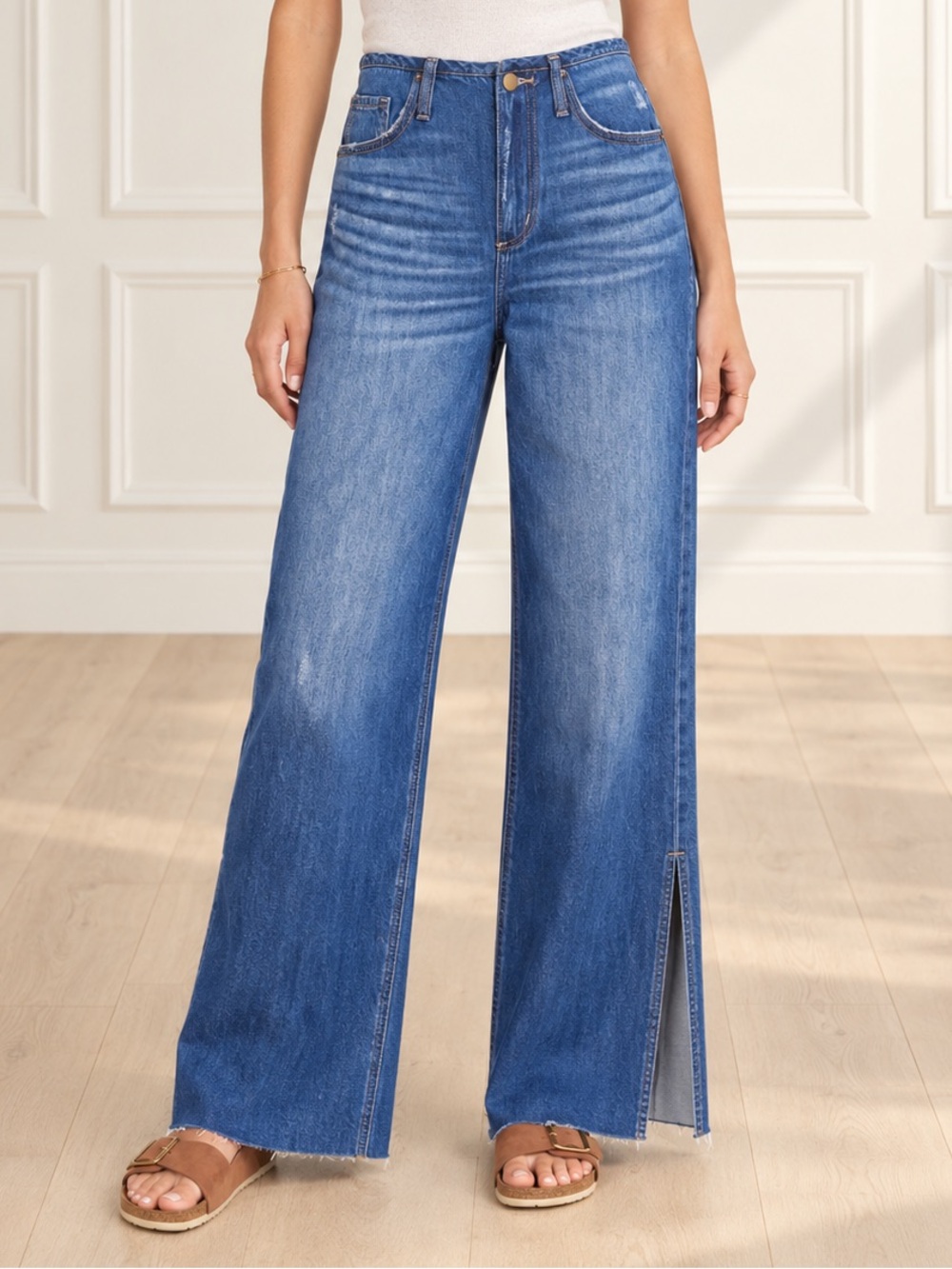 NWT EVEREVE Ever Slouchy Jeans Size 25 Dark Rinse High Rise Wide Leg Side Slit